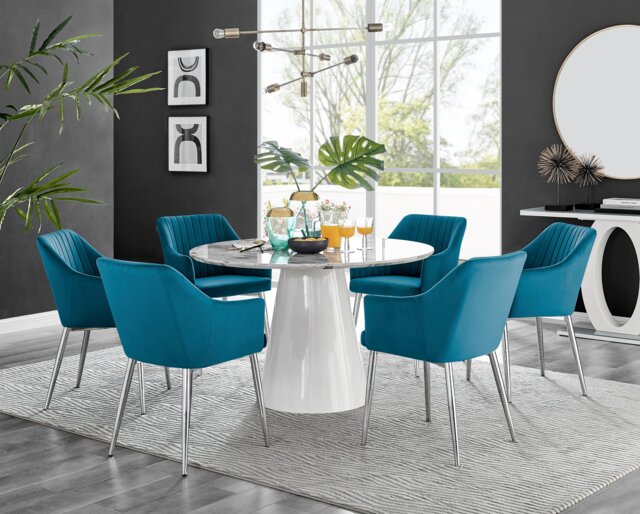 Palma White Marble Effect Round Dining Table & 6 Calla Silver Leg Chairs - image 1