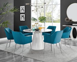 Palma White Marble Effect Round Dining Table & 6 Calla Silver Leg Chairs - thumbnail 1
