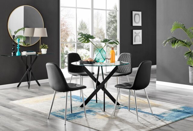 Novara Black Leg Round Glass Dining Table & 4 Corona Silver Chairs - image 1