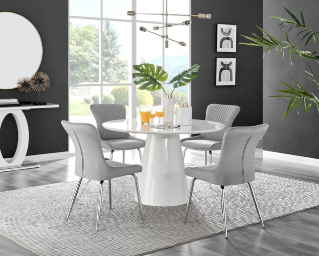 Palma White High Gloss Round Dining Table & 4 Nora Silver Leg Chairs - image 1