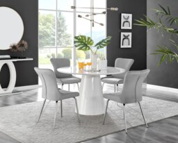 Palma White High Gloss Round Dining Table & 4 Nora Silver Leg Chairs - thumbnail 1
