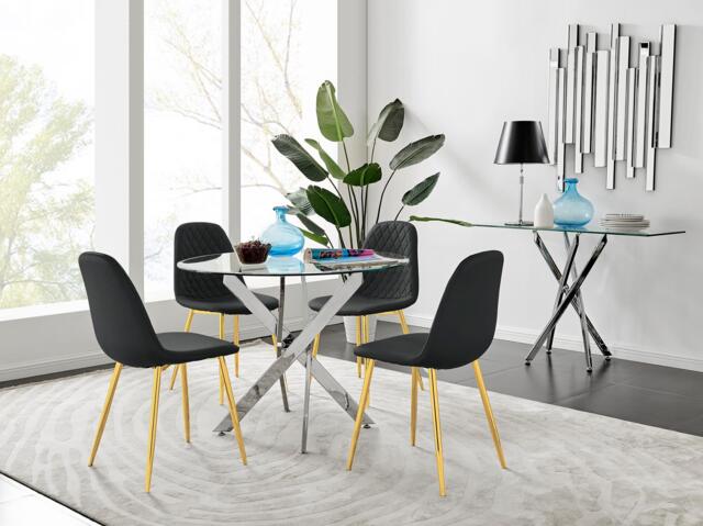 Novara Chrome Metal 100cm Round Glass Dining Table And 4 Corona Gold Dining Chairs - image 1
