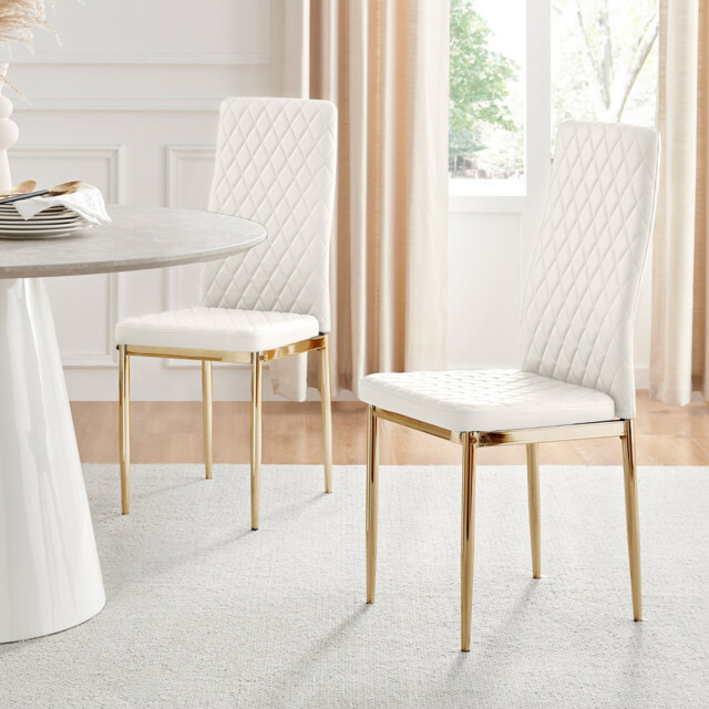 4x Milan White Hatched Faux Leather Dining Chairs Gold Legs - image 1
