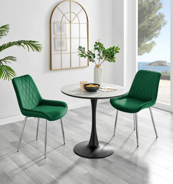 Elina White Marble Effect Round Dining Table & 2 Pesaro Silver Chairs - image 1