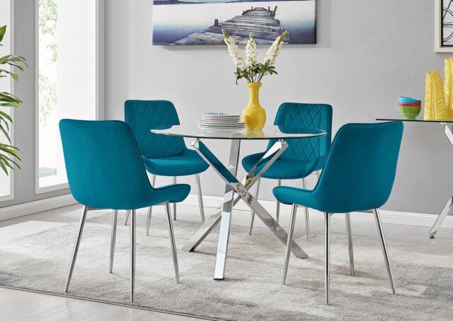 Selina Square Leg Round Dining Table And 4 Pesaro Silver Leg Chairs - image 1