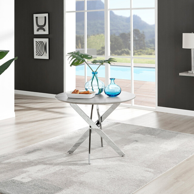 Novara Round Concrete Effect and Silver Metal 4 Seater Dining Table - image 1