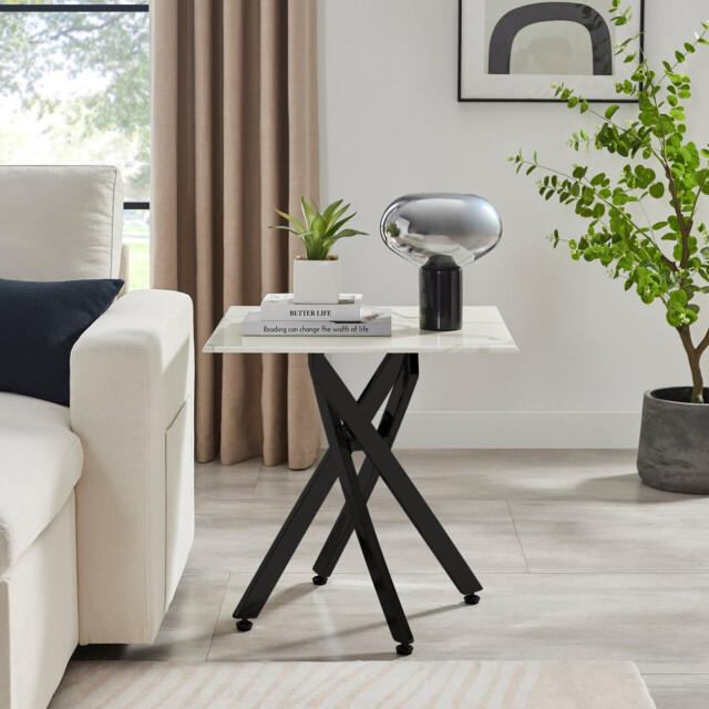 Leonardo Square White Marble Glass and Black Side Table - image 1