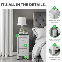 Lexi 3 Drawer White Slim Mirrored Bedside Table - thumbnail 2