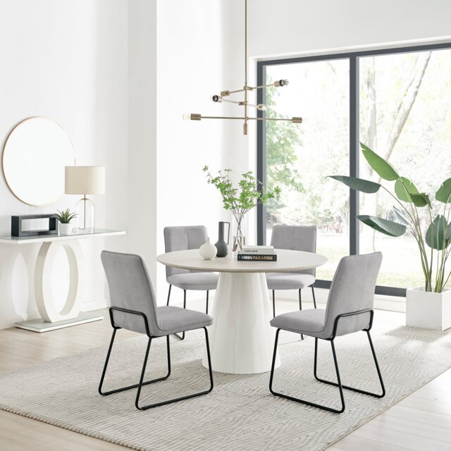 Palma Beige Stone Effect Round Dining Table & 4 Halle Chairs - image 1