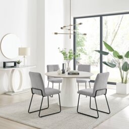 Palma Beige Stone Effect Round Dining Table & 4 Halle Chairs - thumbnail 1