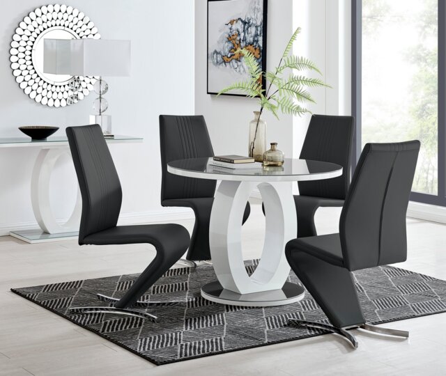 Giovani Grey White High Gloss And Glass Large Round Dining Table And 4 Willow Chairs Set - image 1