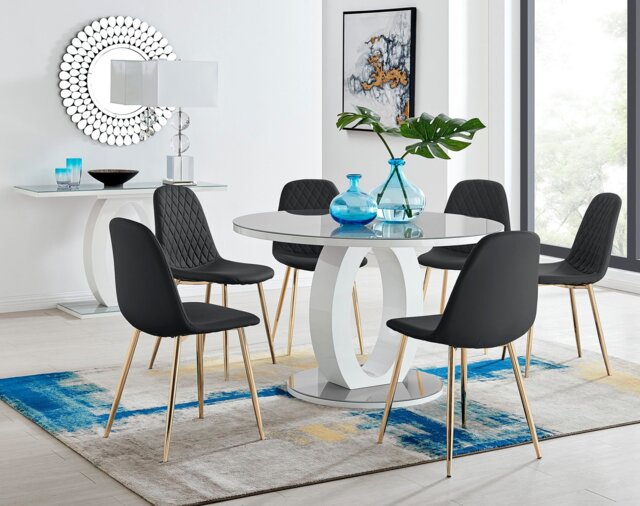 Giovani Grey White High Gloss And Glass Large Round Dining Table And 6 Corona Gold Chairs Set - image 1