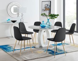 Giovani Grey White High Gloss And Glass Large Round Dining Table And 6 Corona Gold Chairs Set - thumbnail 1