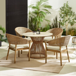 Lanai & Asa Beige Rattan & Cream 4 Seat Round Table Garden Dining Set - thumbnail 1