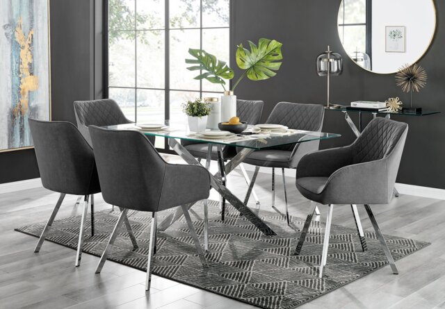 Leonardo Glass and Chrome Dining Table & 6 Falun Silver Leg Chairs - image 1