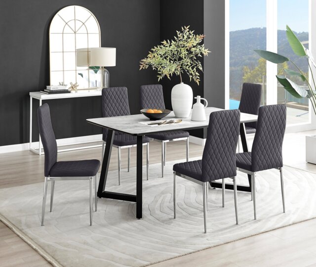 Carson White Marble Effect Dining Table & 6 Velvet Milan Chairs