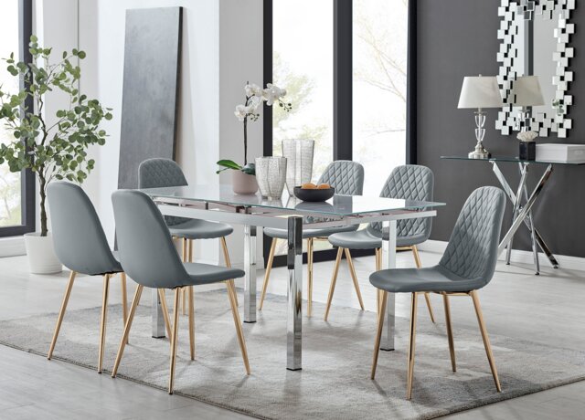 Enna White Glass Extending Dining Table and 6 Corona Gold Leg Chairs - image 1