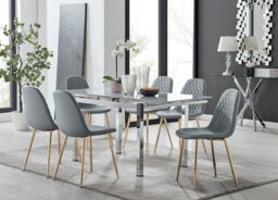 Enna White Glass Extending Dining Table and 6 Corona Gold Leg Chairs