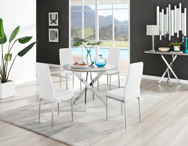Novara Grey Concrete Effect Round Dining Table & 4 Milan Chrome Leg Chairs - image 1