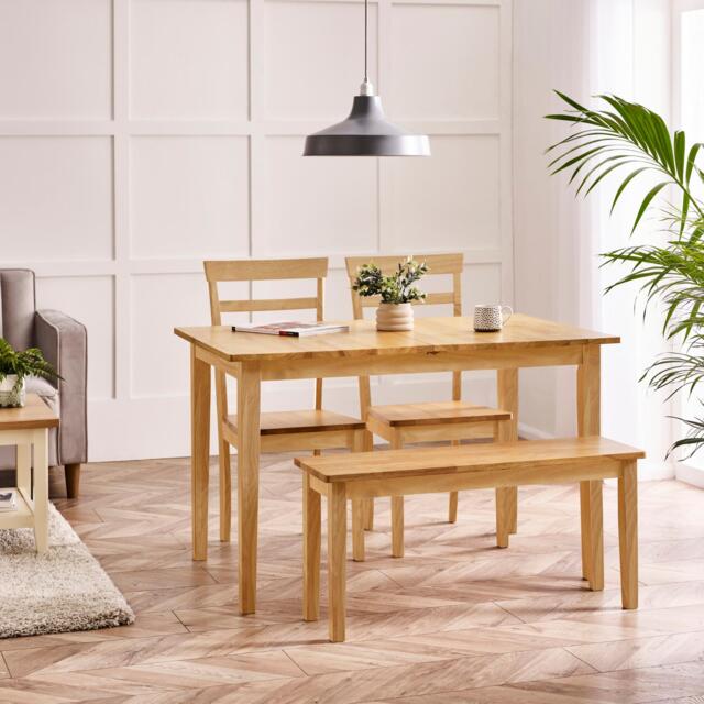 Salcombe Extending Oak Effect Wooden Table with 2 Whitby Chairs & 1 Small Bench - image 1