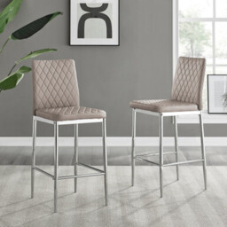2x Milan Cappuccino Beige Faux Leather Counter Stools Silver Legs