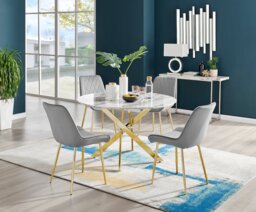 Novara White Marble Gold Leg 120cm Round Dining Table & 4 Pesaro Gold Leg Chairs