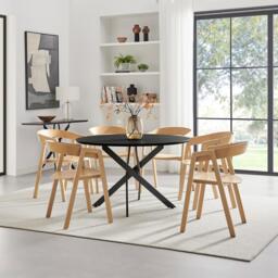 Novara 120cm Black Top Round Dining Table & 6 Oak Masa Chairs