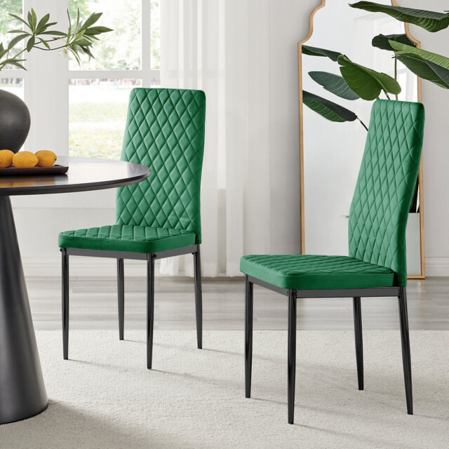 4x Milan Green Hatched Velvet Dining Chairs Black Legs - image 1