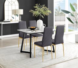 Carson White Marble Effect Dining Table & 4 Velvet Milan Gold Leg Chairs