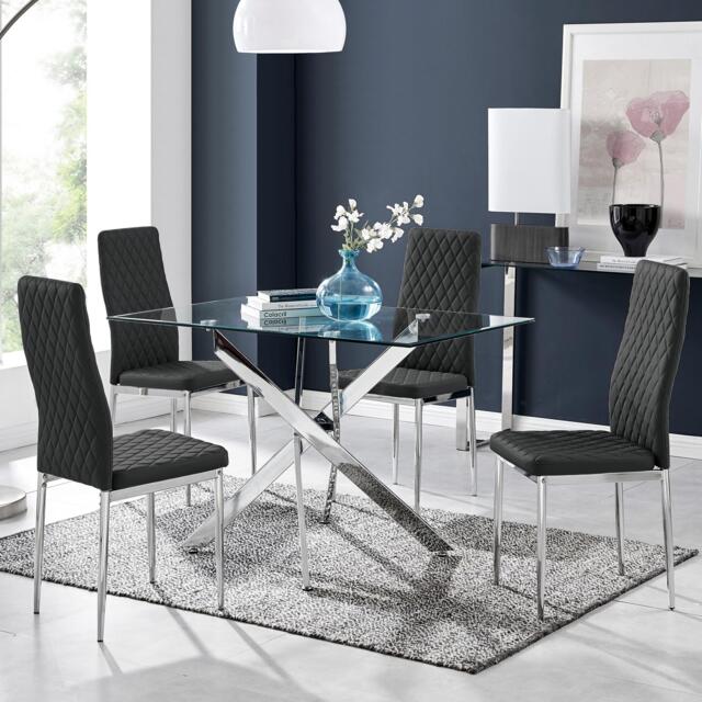 Leonardo Glass And Chrome Metal Dining Table And 4 Milan Chairs Set - image 1