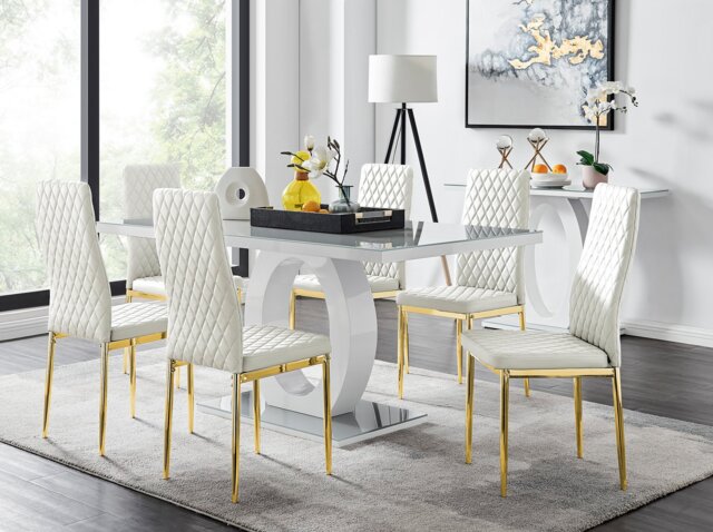 Giovani 6 Grey Dining Table & 6 Gold Leg Milan Chairs - image 1