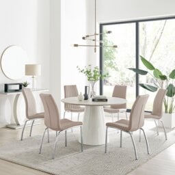 Palma Beige Stone Effect Round Dining Table & 6 Isco Chairs
