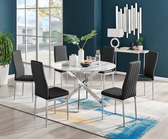 Novara White Marble 120cm Round Dining Table & 6 Milan Chrome Leg Chairs - image 1