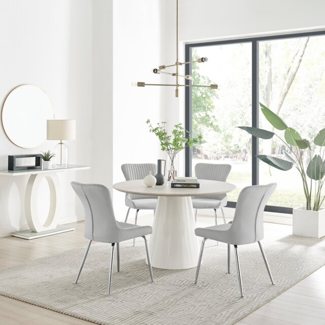 Palma Beige Stone Effect Round Dining Table & 4 Nora Silver Leg Chairs - image 1