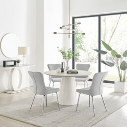 Palma Beige Stone Effect Round Dining Table & 4 Nora Silver Leg Chairs - thumbnail 1