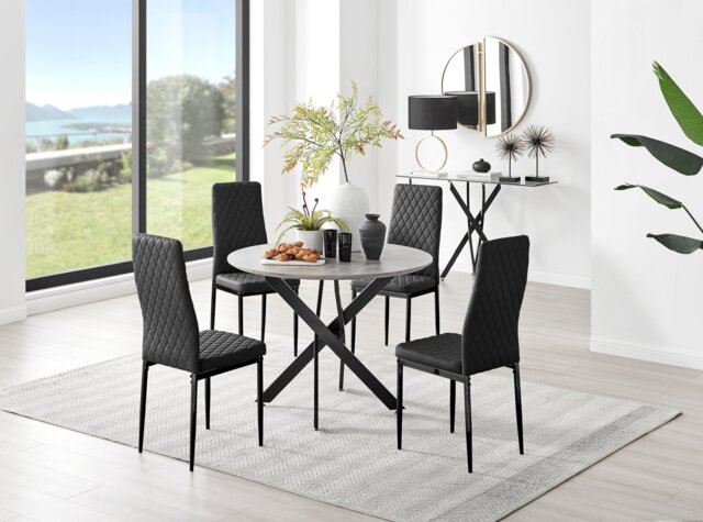 Novara Grey Concrete Effect Black Leg Round Dining Table & 4 Milan Black Leg Chairs - image 1