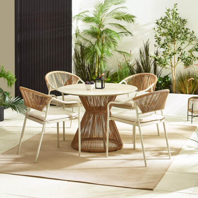 Lanai & Elba Beige Rattan & Cream 4 Seat Round Table Garden Dining Set - image 1