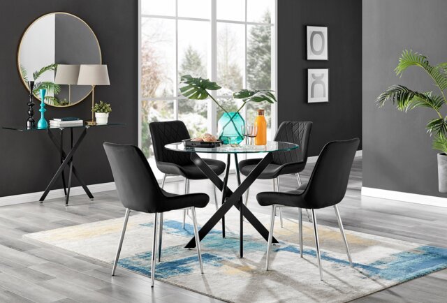 Novara Black Leg Round Glass Dining Table & 4 Pesaro Silver Chairs - image 1