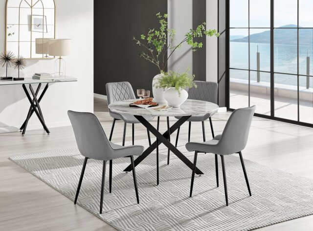 Novara White Marble Black Leg 120cm Round Dining Table & 4 Pesaro Black Leg Chairs - image 1
