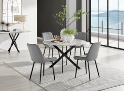 Novara White Marble Black Leg 120cm Round Dining Table & 4 Pesaro Black Leg Chairs