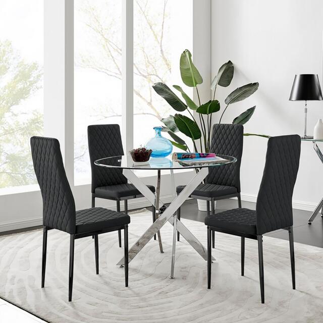 Novara 100cm Round Dining Table and 4 Milan Black Leg Chairs - image 1