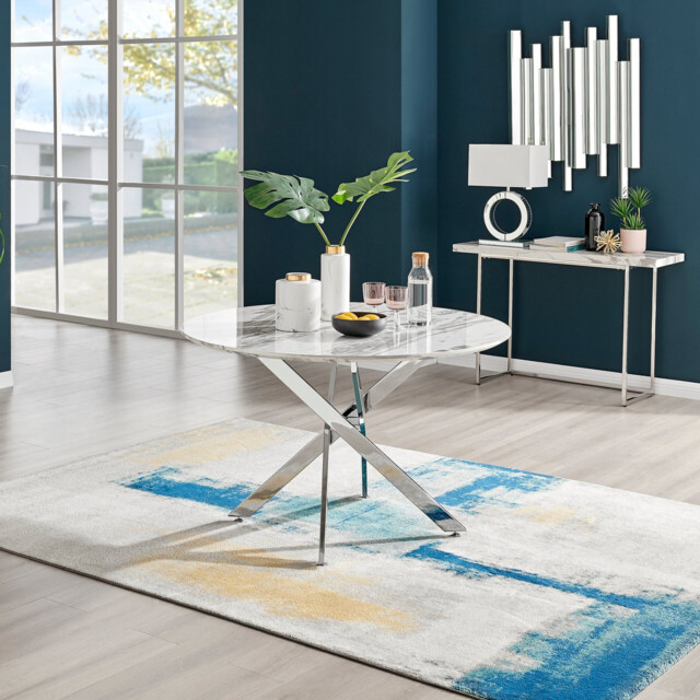 Novara Round White Marble Effect and Silver Metal 4-6 Seater Dining Table - image 1
