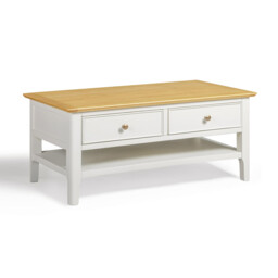 Belle 2 Drawer Rectangular Solid Oak Wood and Cream Coffee Table - thumbnail 2