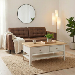 Belle 2 Drawer Rectangular Solid Oak Wood and Cream Coffee Table - thumbnail 1