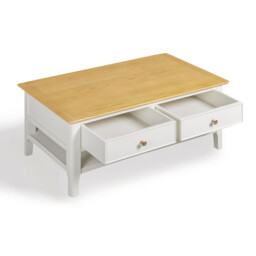 Belle 2 Drawer Rectangular Solid Oak Wood and Cream Coffee Table - thumbnail 4