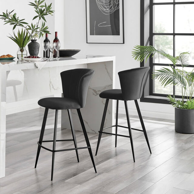 2x Juniper Black Velvet Counter Stools Black Legs - image 1