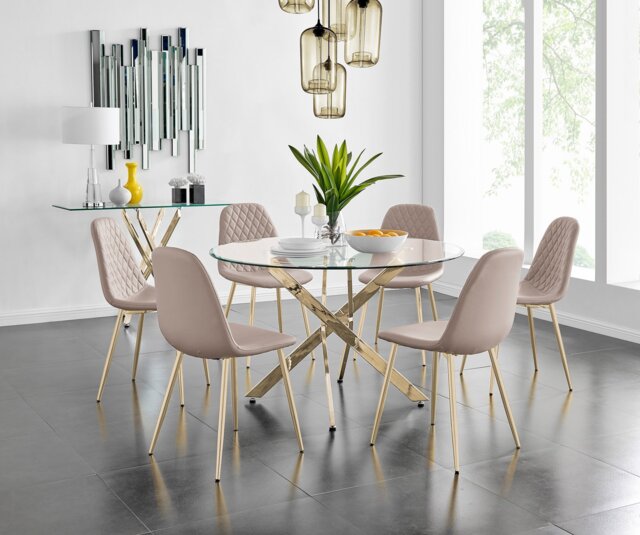 Novara Gold Metal 120cm Large Round Dining Table And 6 Corona Gold Chairs Set - image 1