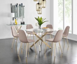 Novara Gold Metal 120cm Large Round Dining Table And 6 Corona Gold Chairs Set - thumbnail 1