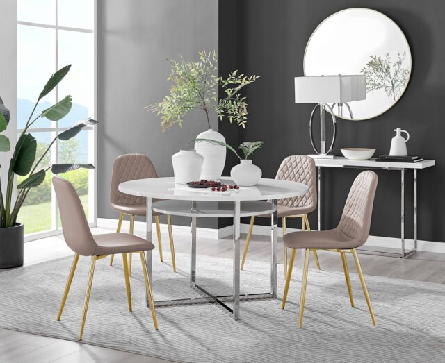 Adley White High Gloss Storage Dining Table & 4 Corona Gold Leg Chairs