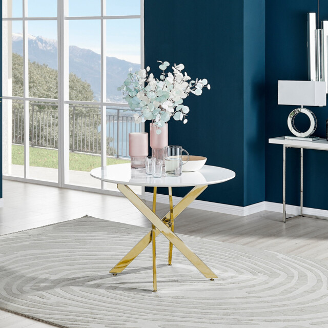 Novara Round White High Gloss and Gold Metal 4 Seater Dining Table - image 1
